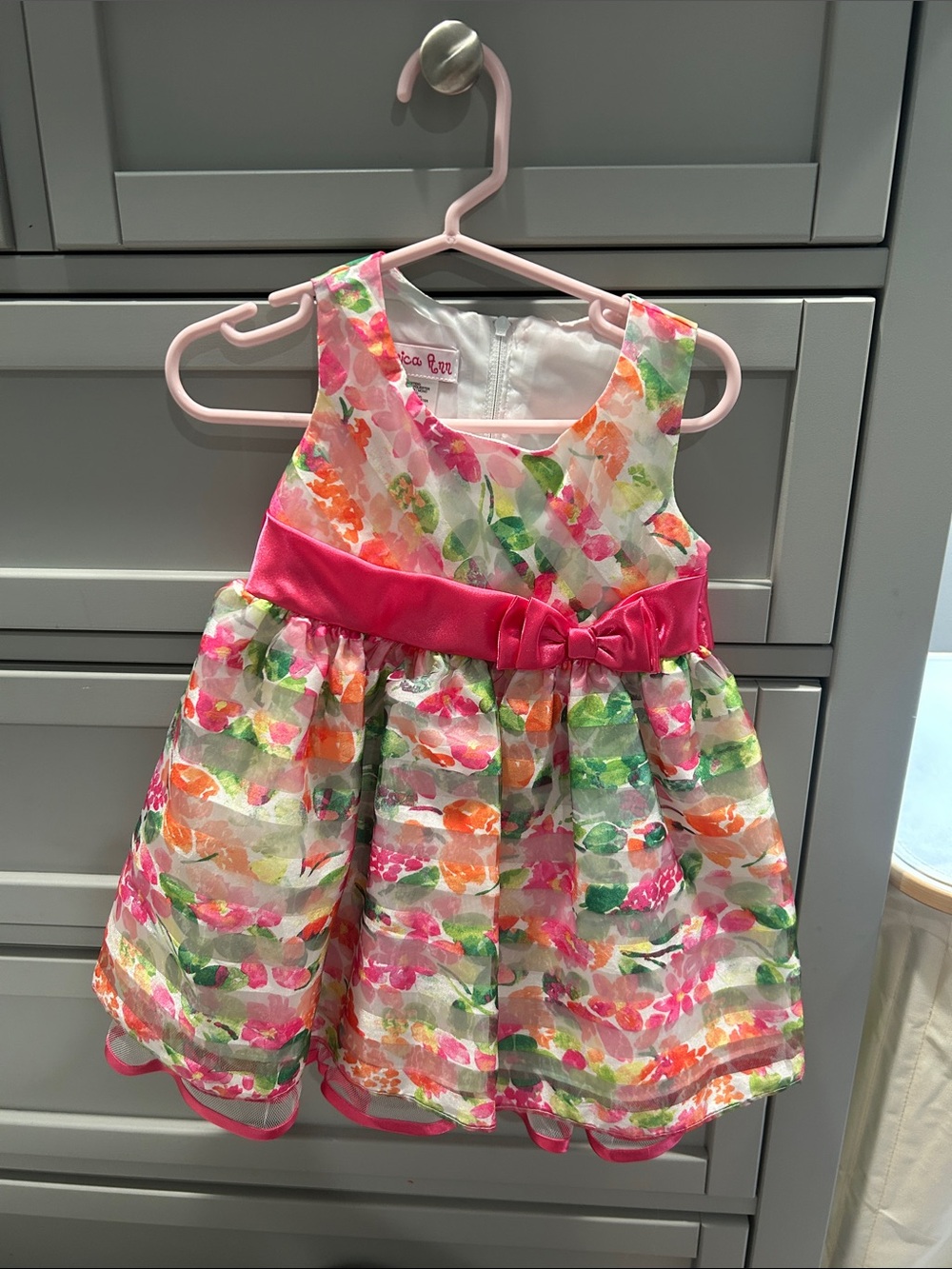 Jessica Ann Pink Floral Multicolor Bow-Front Formal Dress